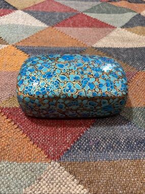 Indian Hand painted Jewelry Trinket Box Blue Black Gold Floral